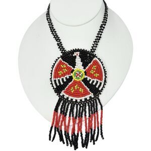 VTG  Black Thunderbird Native American Medallion Necklace Seed Bead Leather Back